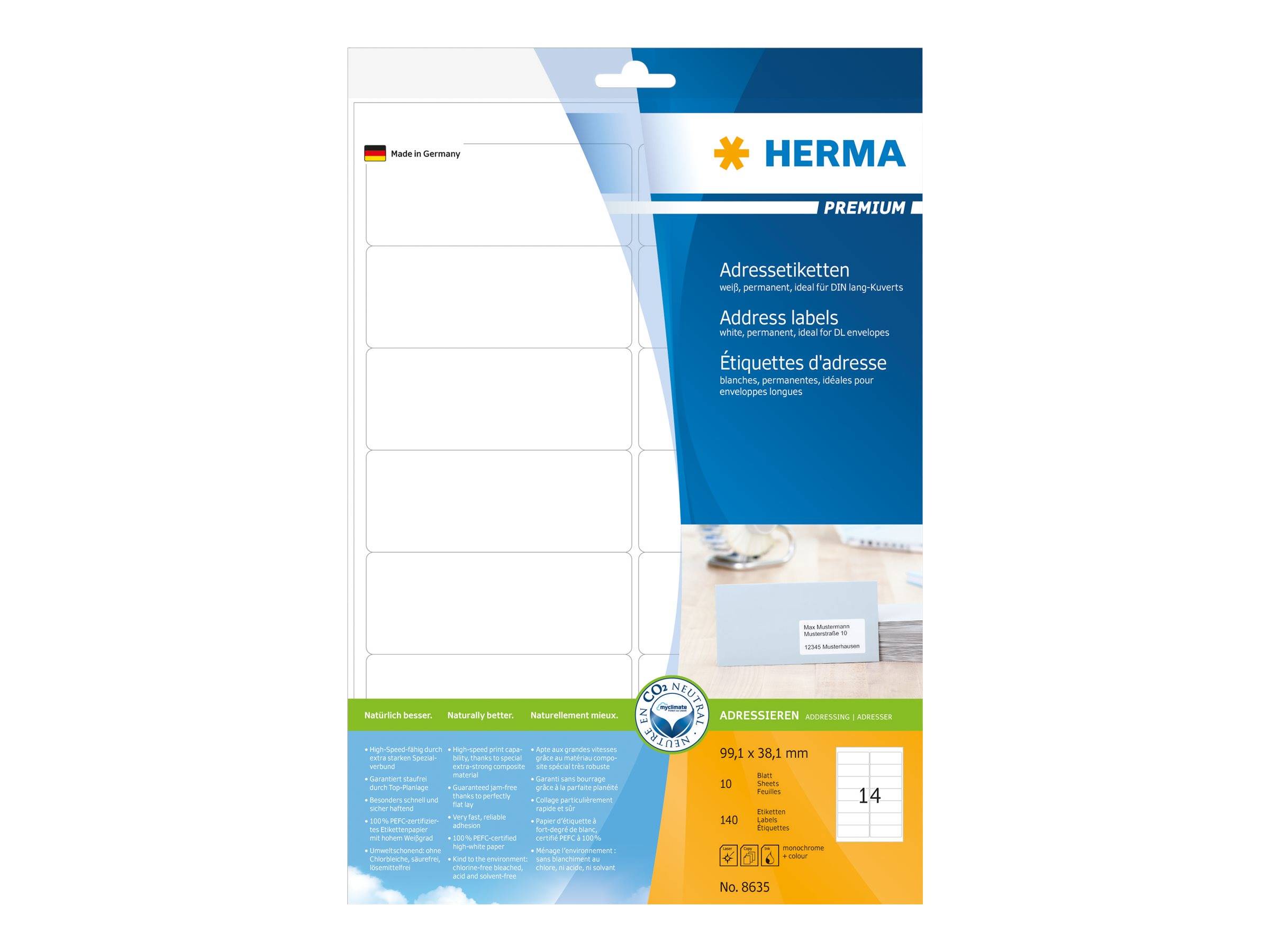 Verpackung für HERMA Premium Adressenetiketten, zeigt leere weiße Haftetiketten, Produktdetails und Größe 99,1 x 38,1 mm, 14 Etiketten pro Blatt.