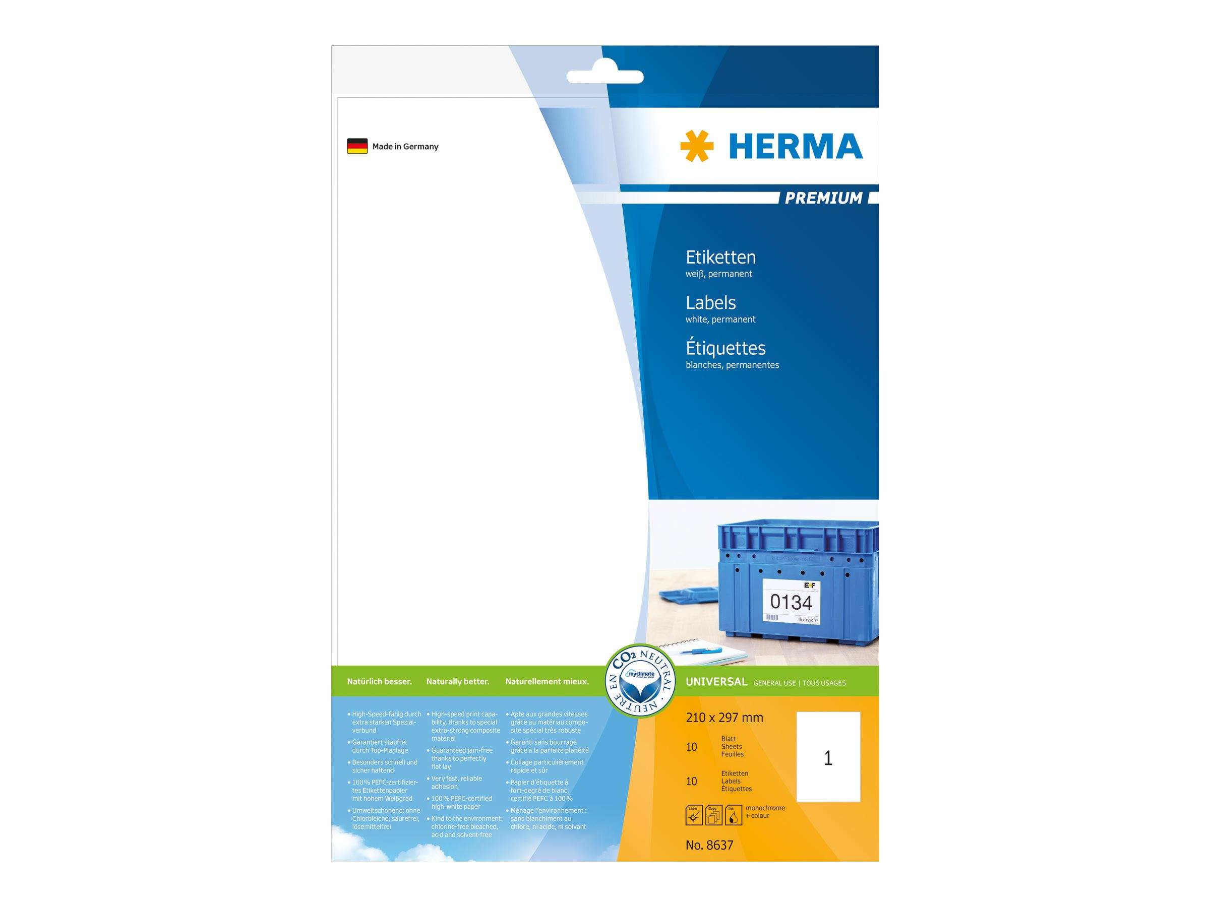 Paket HERMA Premium-Etiketten, A4 210 x 297 mm, 20 Blatt, 1 Etikett pro Blatt, zeigt eine Illustration einer blauen Lagerkiste.