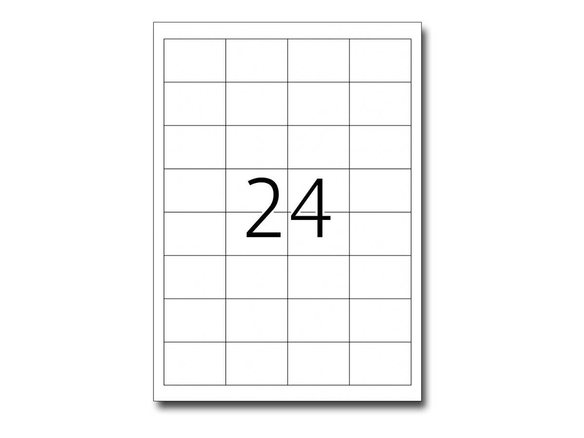 Vorlage für leere 24er-Etiketten-Aufkleberblatt mit einem 4-Spalten-mal-6-Zeilen-Raster und der Zahl 24 in der Mitte der Seite.
