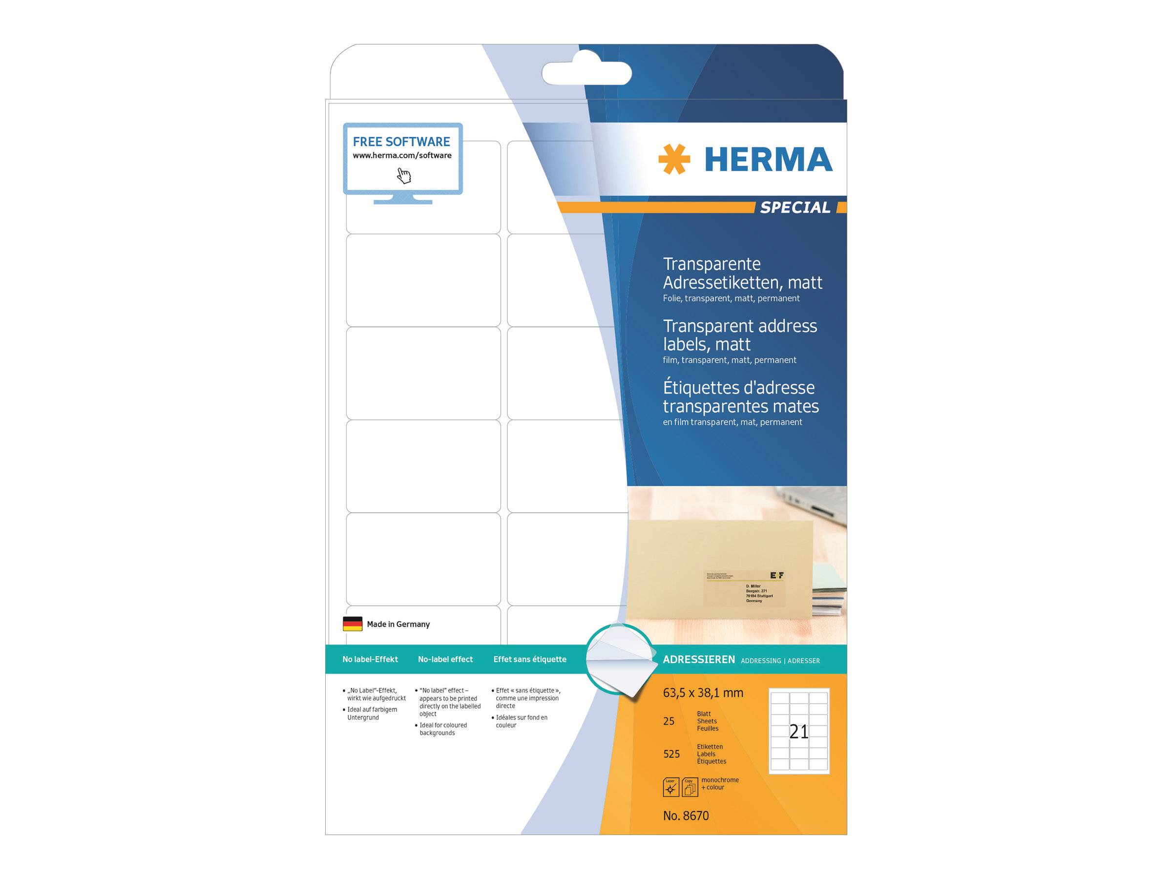 # Paket mit HERMA-Adressetiketten aus transparentem, mattiertem Material mit angezeigten Etikettenblättern und mehrsprachigen Produktdetails zum Drucken von Adressen.