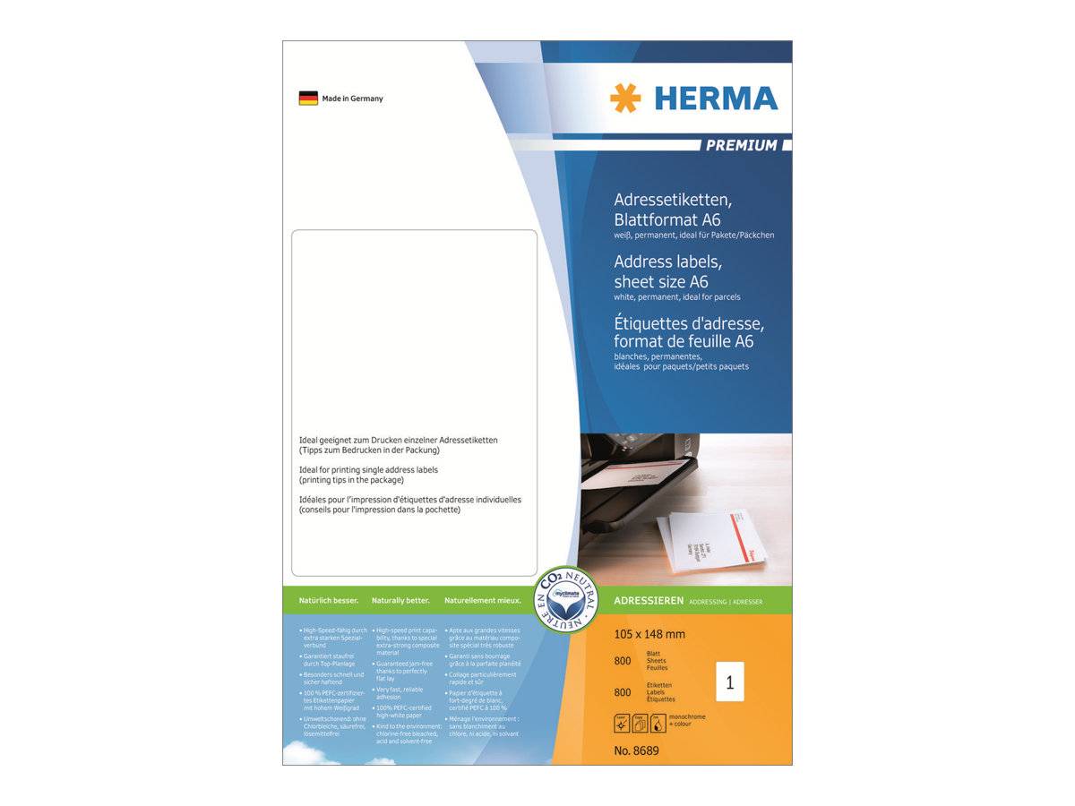 HERMA Premium Adressetiketten Verpackung für A6 Blatgröße, zeigt eine leere Etikettenvorlage und Produktdetails für 105 x 148 mm Etiketten.
