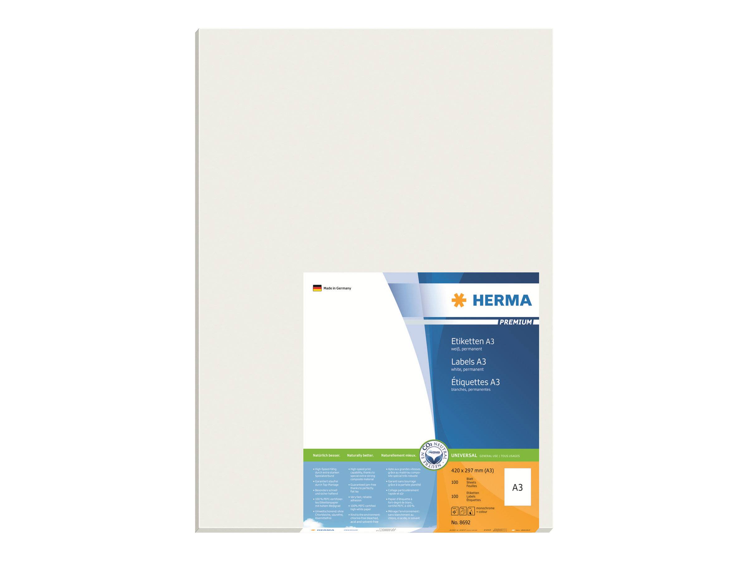 Ein Paket HERMA Premium A3-Etiketten, gezeigt auf einem weißen Blatt mit blauer und orangefarbener Verpackung.
