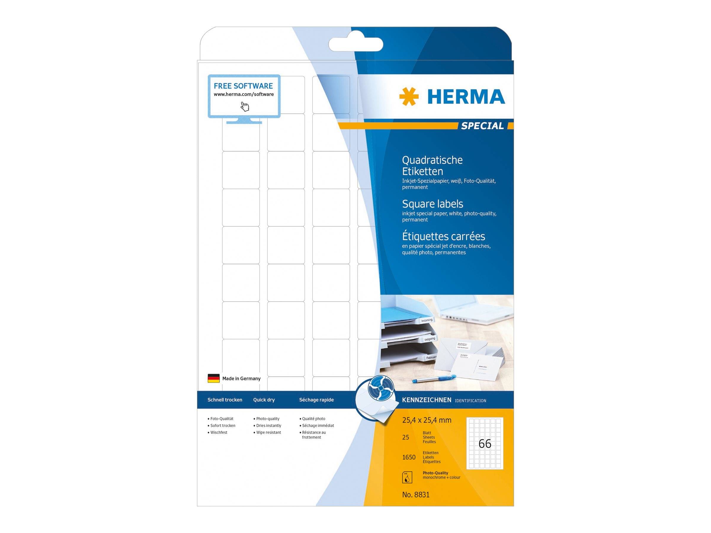 Verpackung für HERMA Special quadratische Etikettensheets mit kostenlosem Software-Aufkleber, 25,4 x 25,4 mm, 66 Etiketten pro Packung.