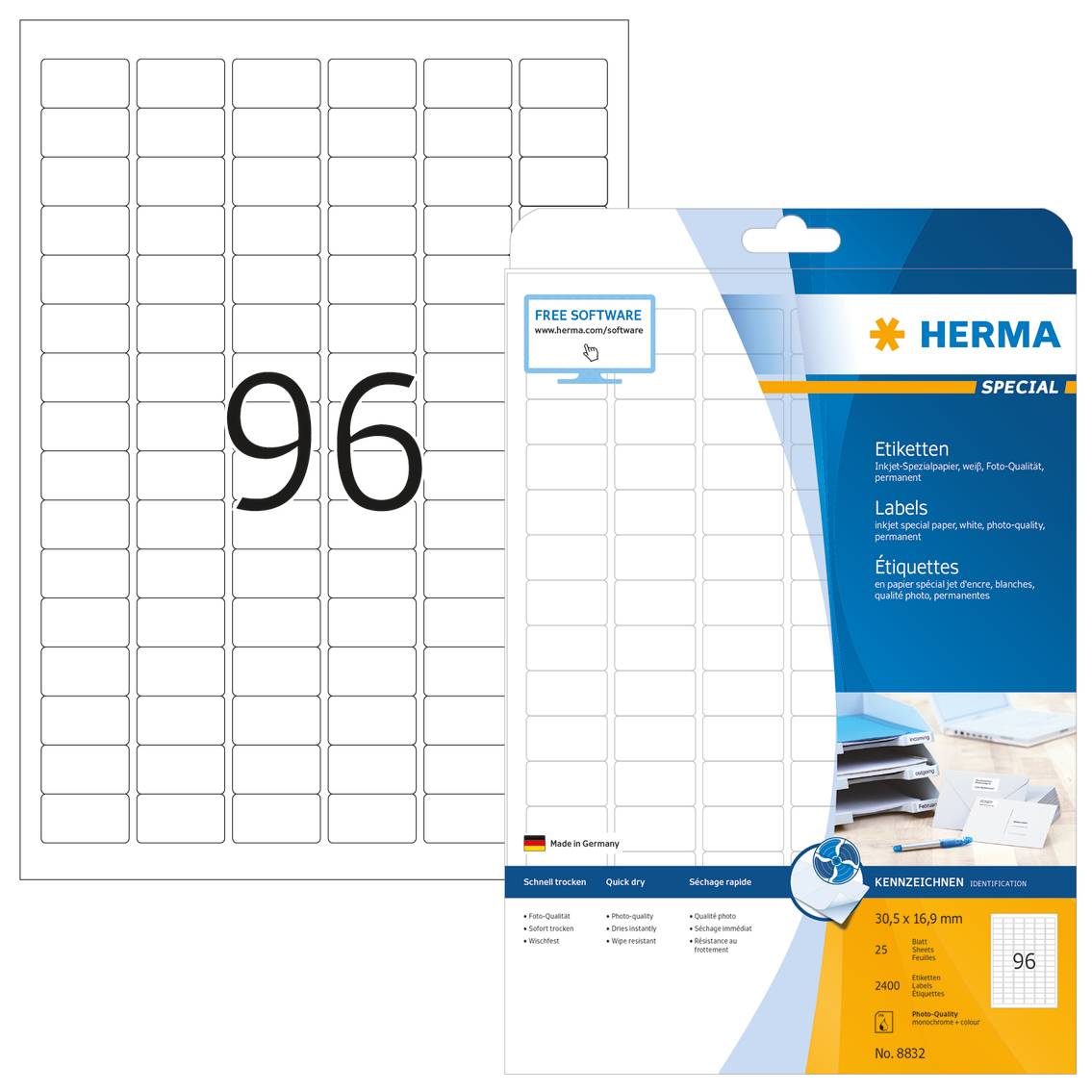 HERMA Special - Papier - matt - permanent selbstklebend - beschichtet - weiß - 30.5 x 16.9 mm - 90 g/m² - 2400 Etikett(en) (25 Bogen x 96)