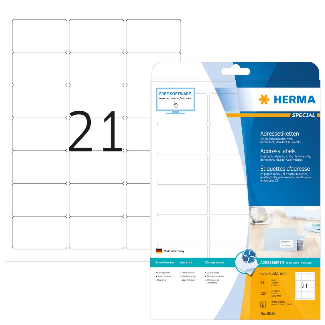 HERMA Special - Papier - matt - permanent selbstklebend - beschichtet - weiß - 63.5 x 38.1 mm - 90 g/m² - 525 Etikett(en) (25 Bogen x 21)