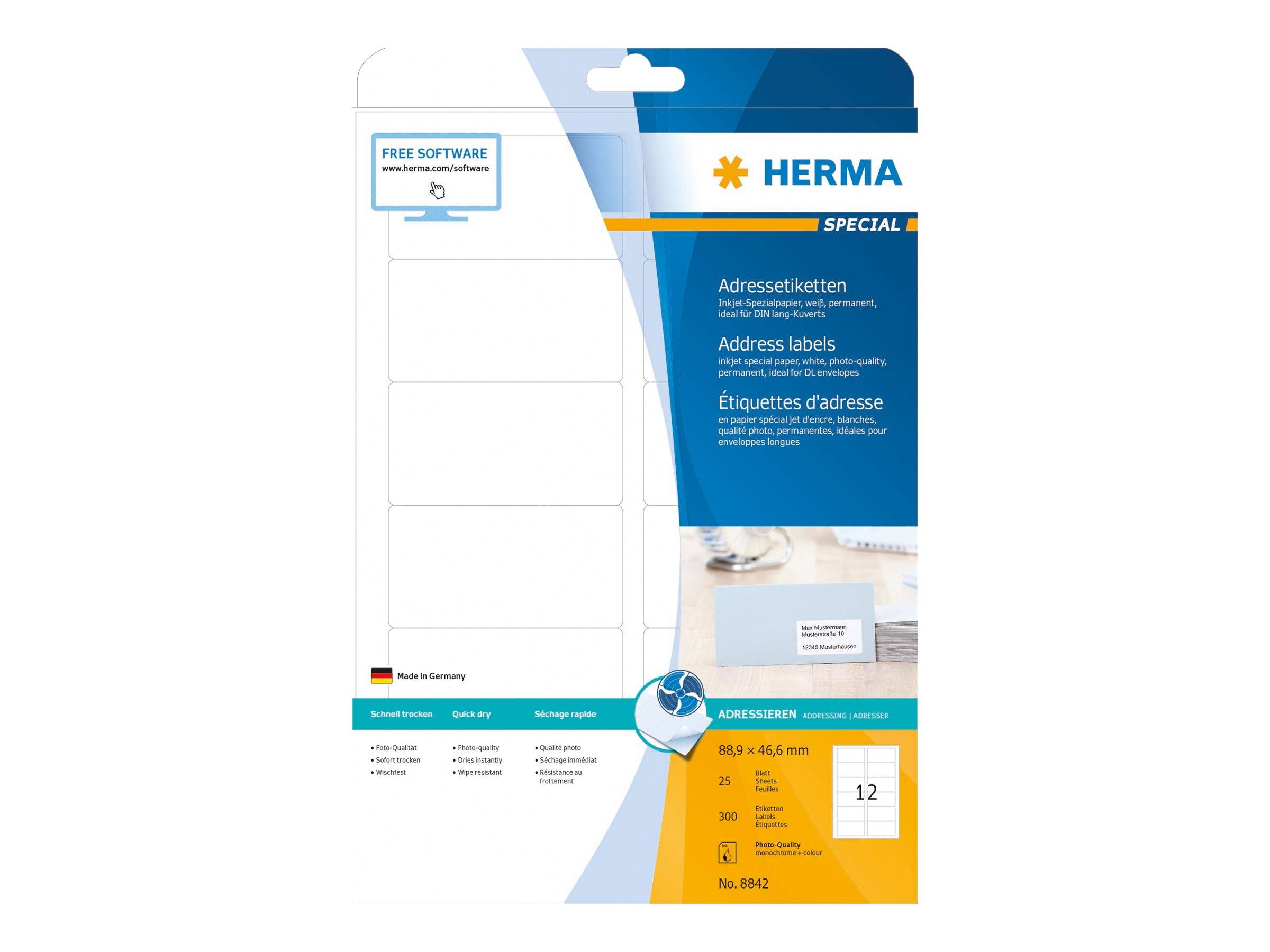 Paket HERMA Spezial-Adressetiketten, mit weißen Blankoetiketten und Produktdetails auf der Vorderseite