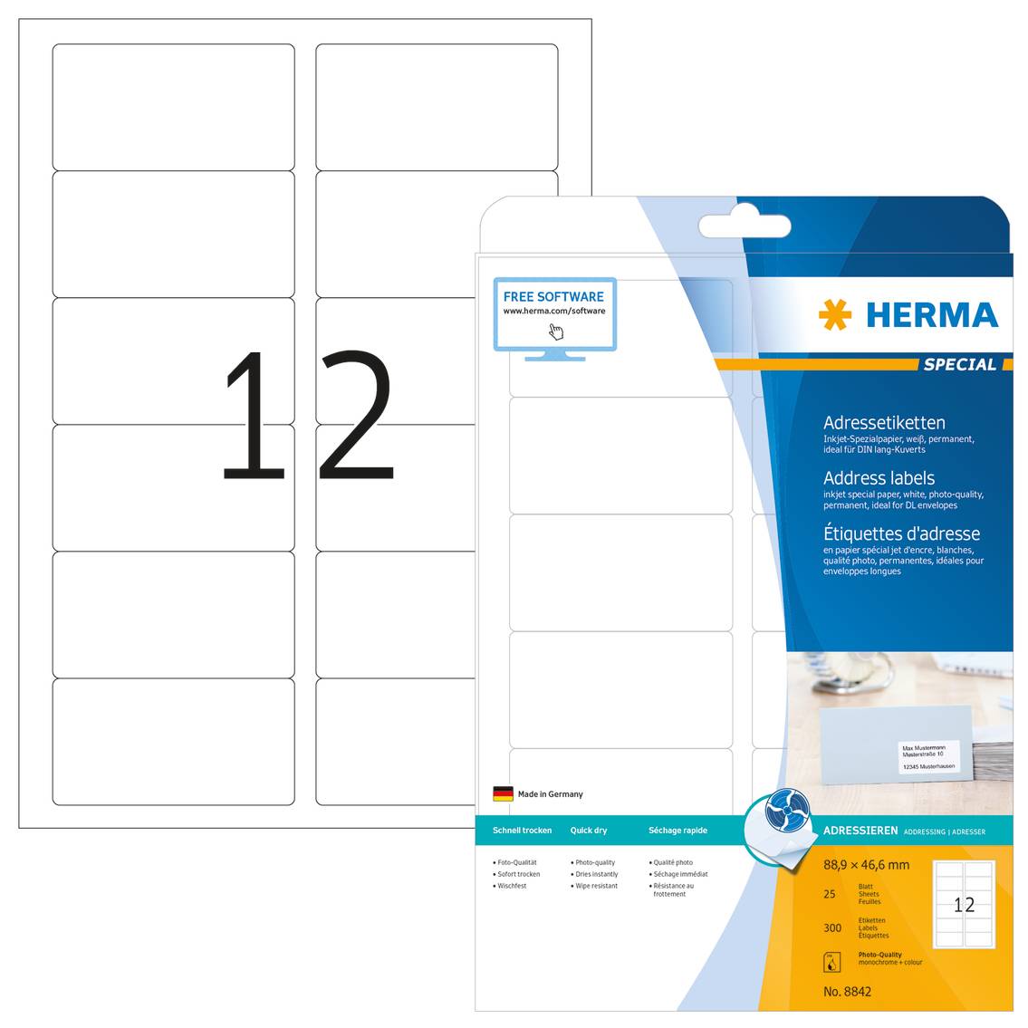 HERMA Special - Papier - matt - permanent selbstklebend - beschichtet - weiß - 88.9 x 46.6 mm - 90 g/m² - 300 Etikett(en) (25 Bogen x 12)