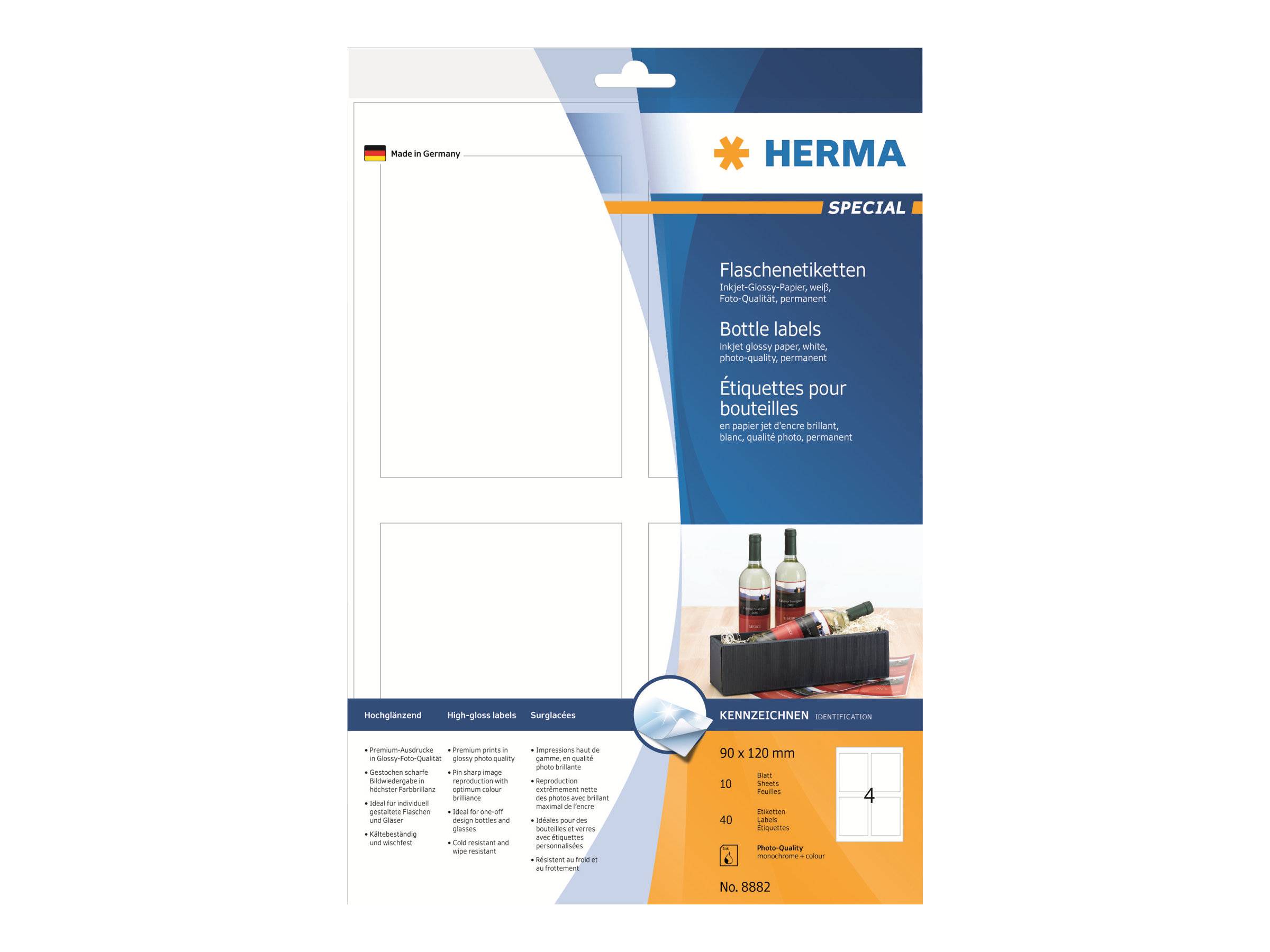 Herma Spezial-Flaschenanhänger Verpackung, mit Anhängern für Flaschen, 90 x 120 mm, 4 Blatt, mit Produktfotos und mehrsprachigem Text.