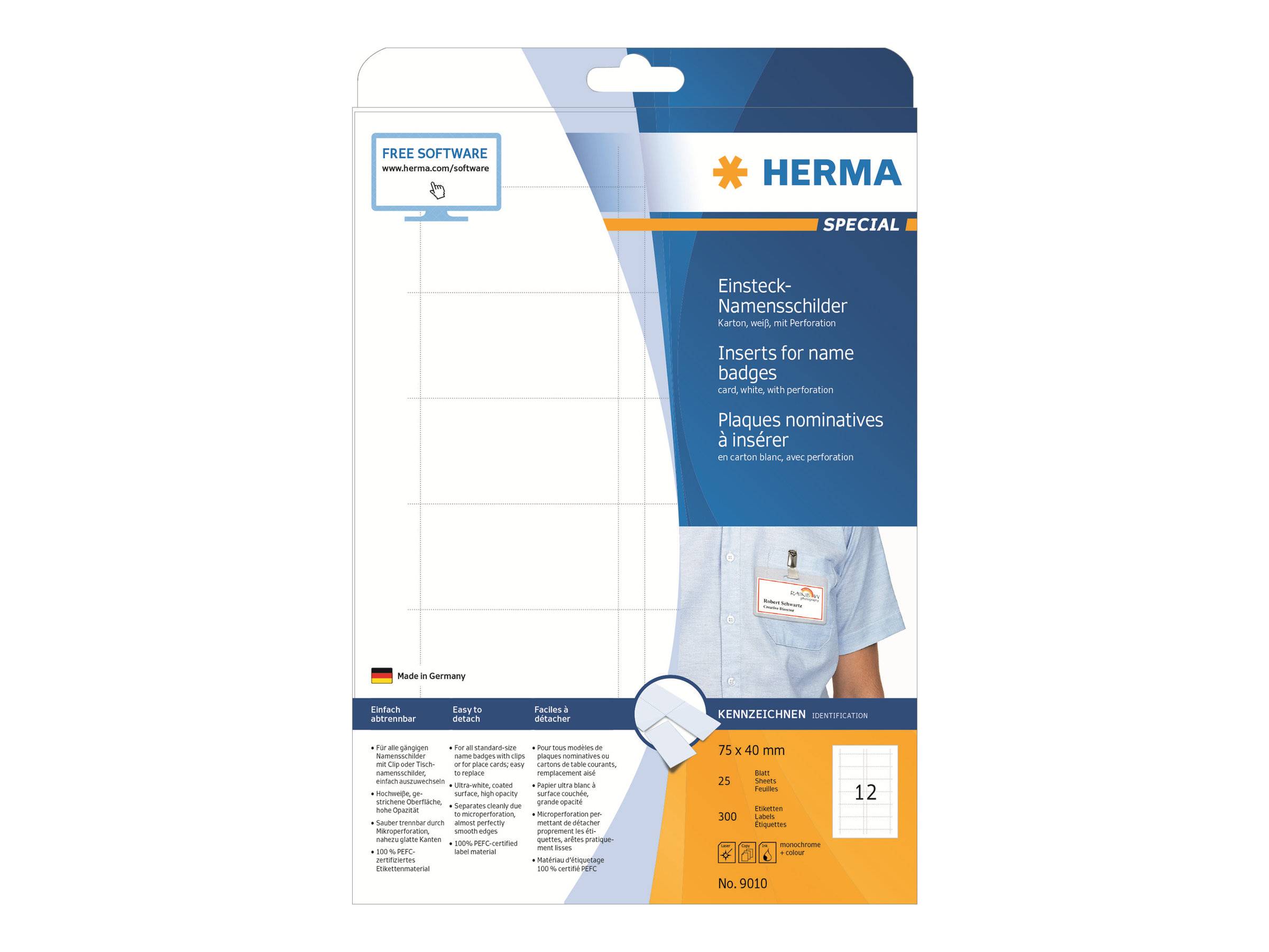 Verpackung für HERMA spezielle Namensschildeinsätze, die leere Etikettenblätter, ein Musterschild und Produktdetails auf Deutsch, Englisch und Französisch zeigt.