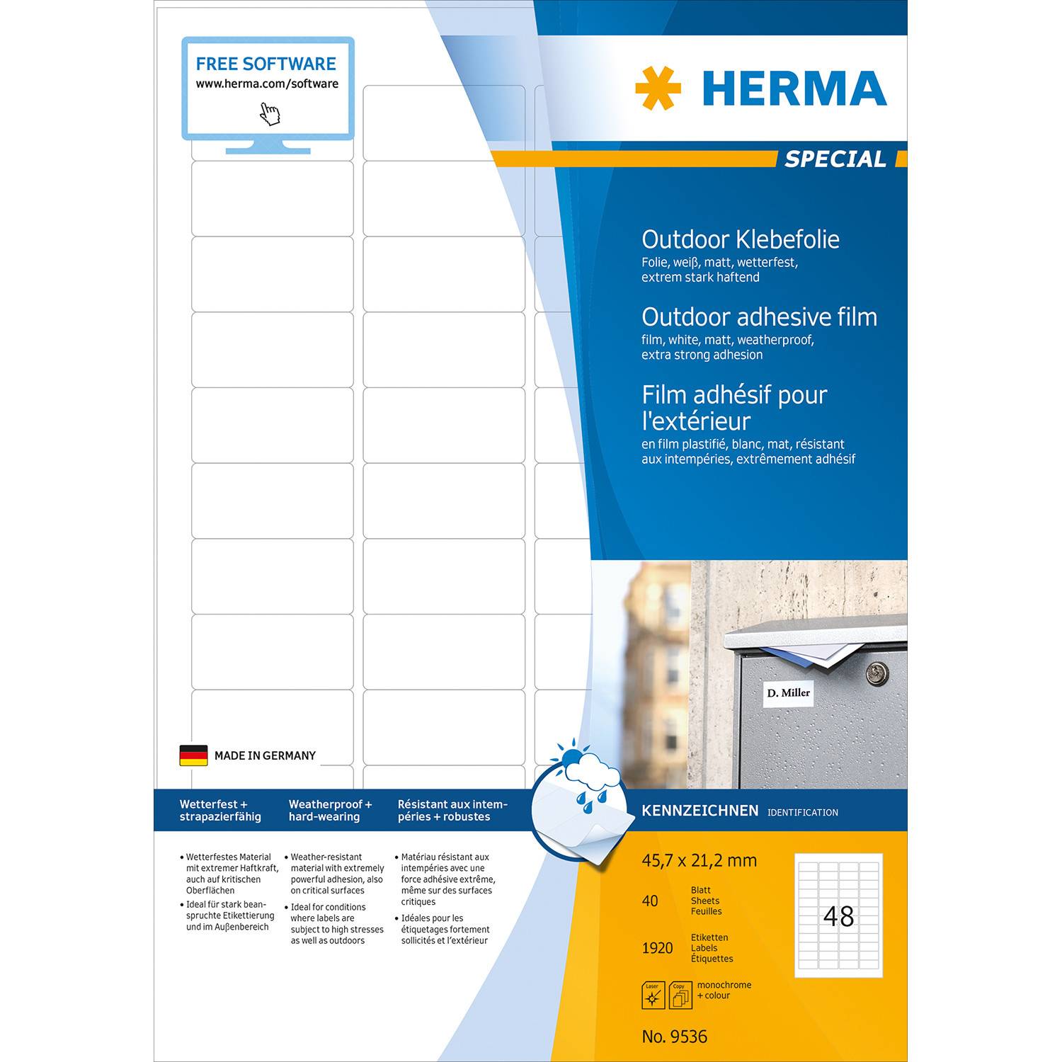 HERMA 9536, Weiß, Rechteck, A4, Universal, Polyethylen, Matte