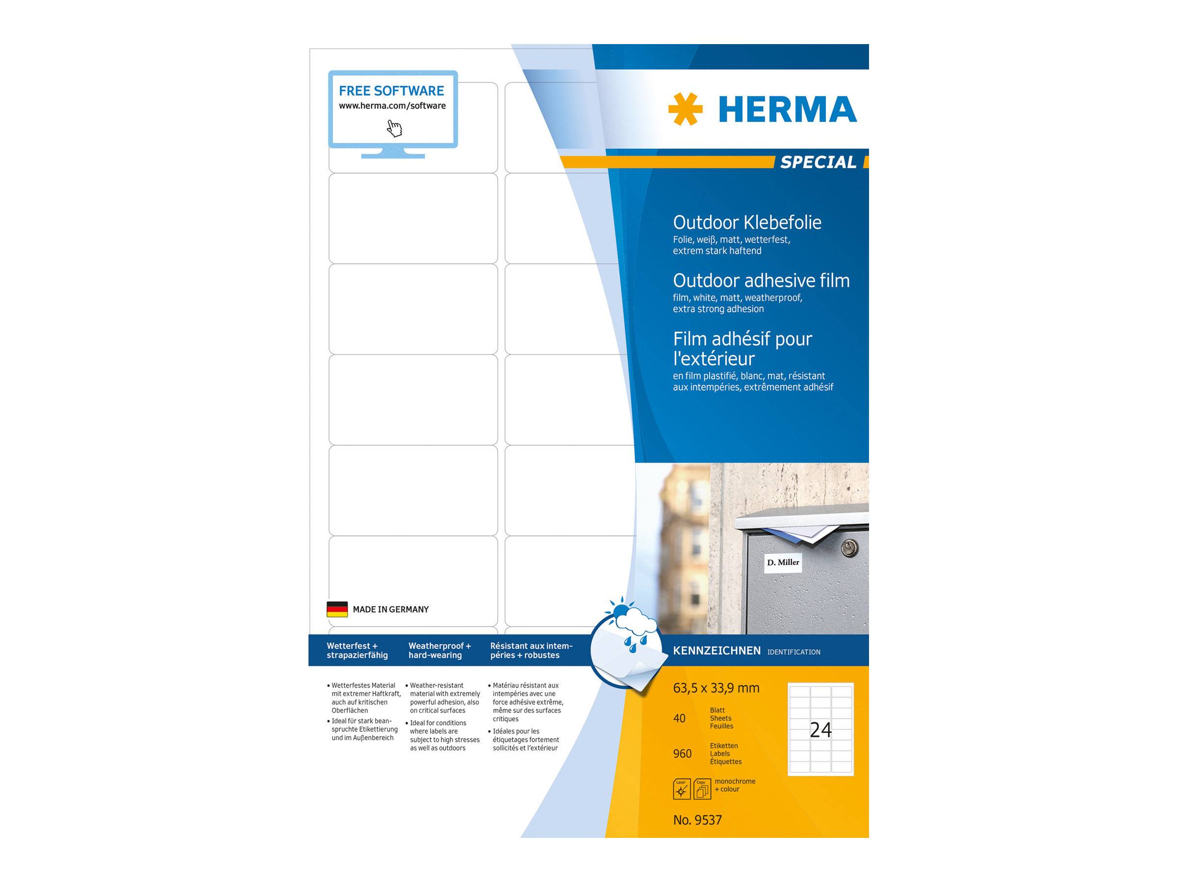 HERMA Special - Polyethylen (PE) - matt - extrem stark haftend - weiß - 63.5 x 33.9 mm 960 Etikett(en) (40 Bogen x 24)