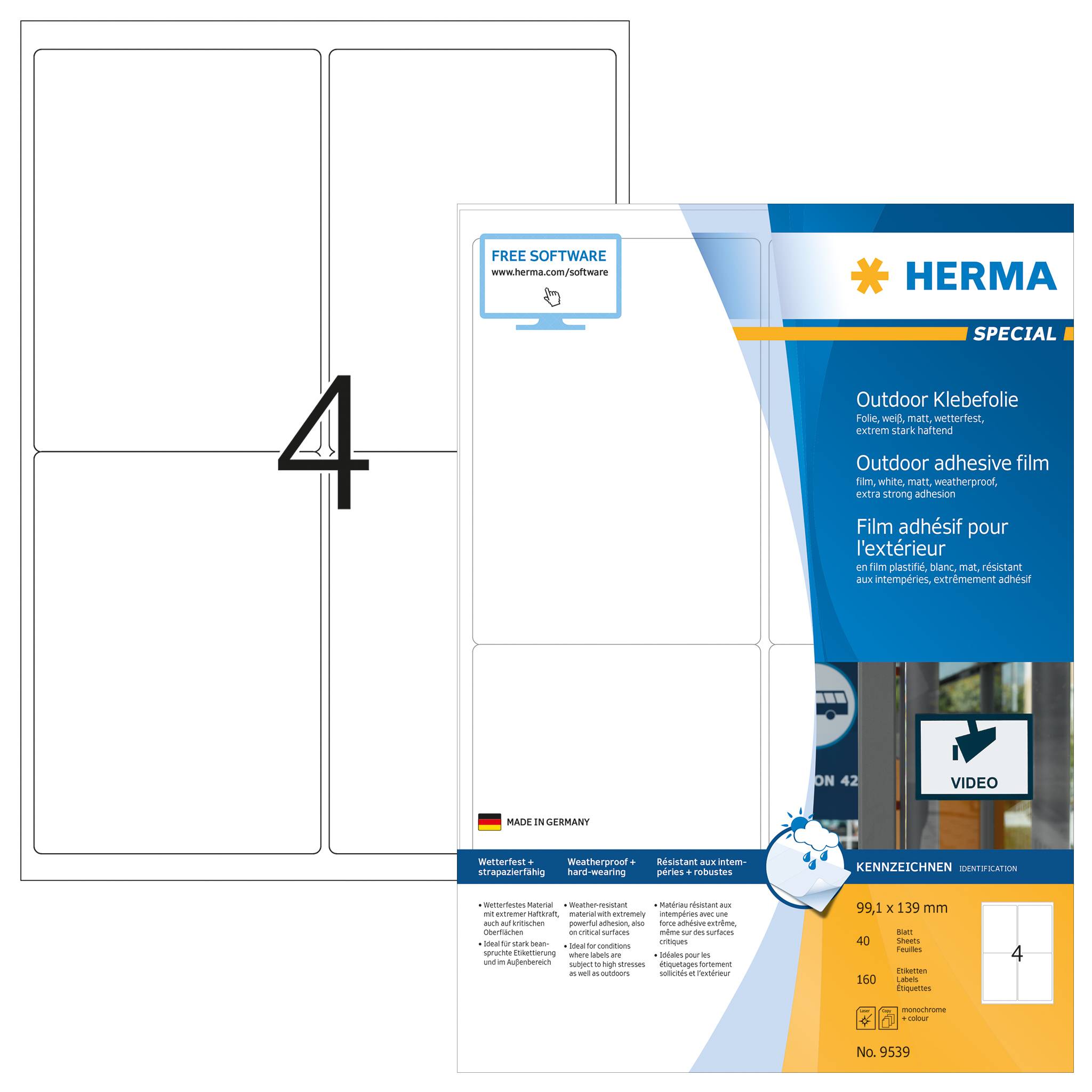 HERMA 9539, Weiß, Rechteck, A4, Polyethylen, Matte, Laser