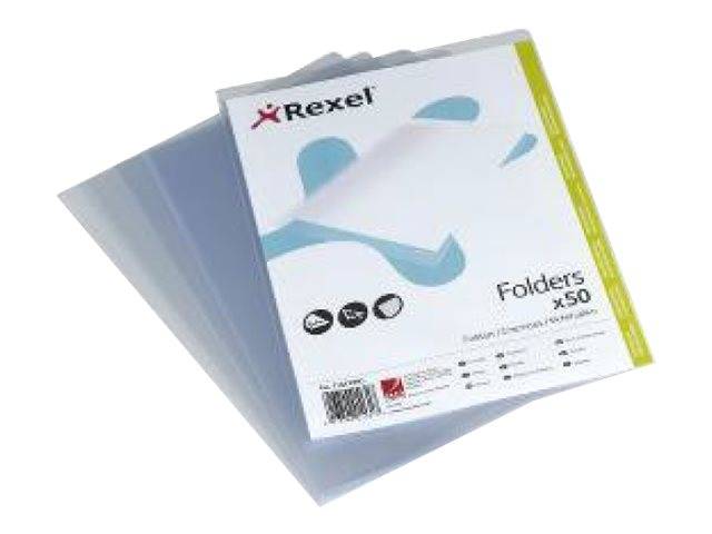 Packung mit 50 Rexel-Ordnern mit durchscheinenden grauen Blättern und weißem und blauem Etikett auf der Vorderseite.