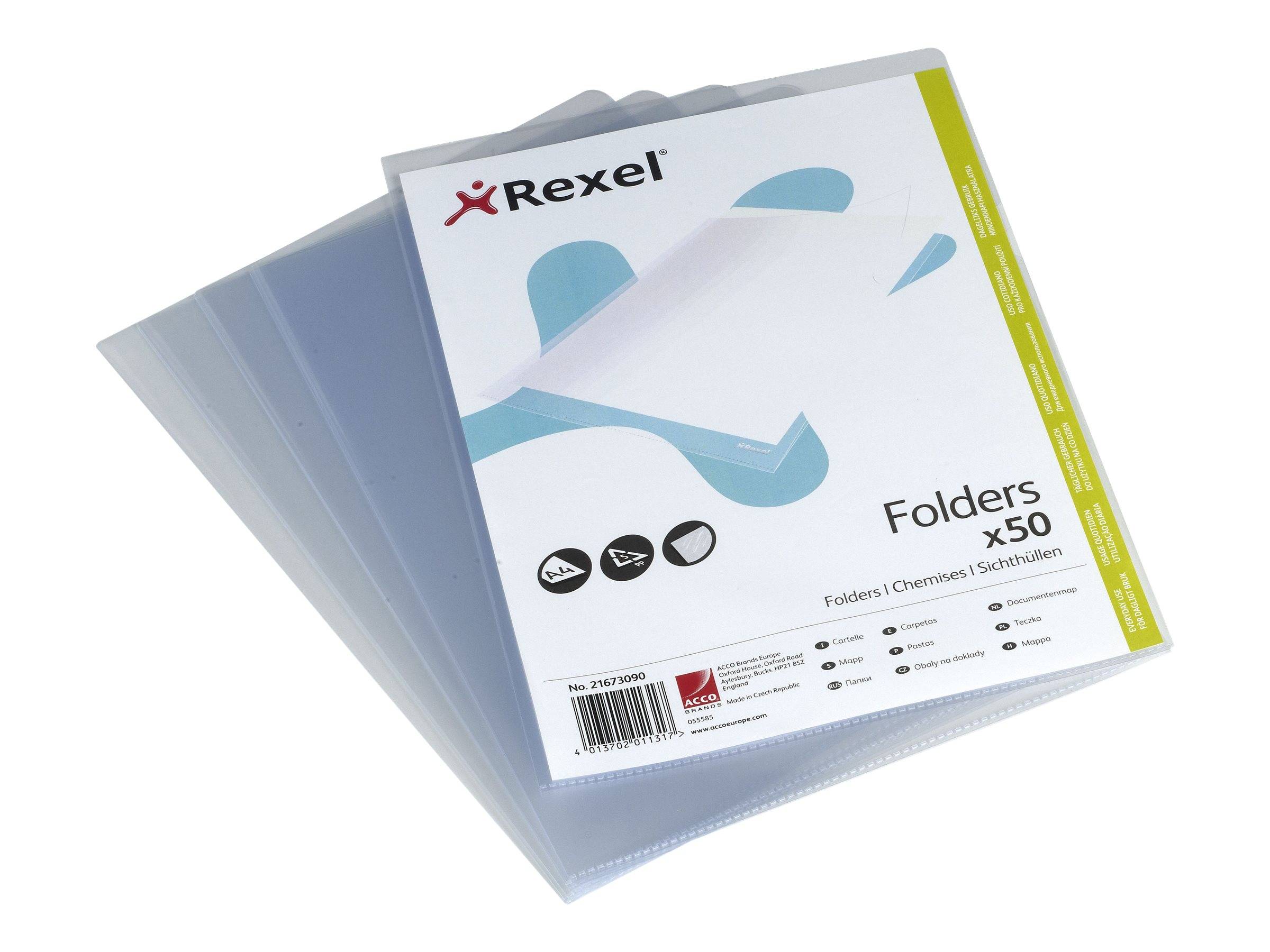 Packung mit 50 durchscheinenden grauen Registraturmappen in einer Rexel-Schachtel, abgebildet mit mehreren Mappen, die in der Verpackung fächerartig ausgebreitet sind.