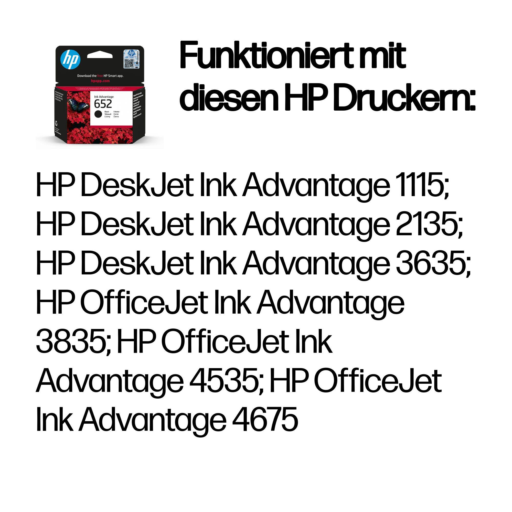 HP 652 Tintenpatron-Verpackung mit dem Text „Funktioniert mit diesen HP Druckern" und einer Liste kompatibler HP DeskJet und OfficeJet Ink Advantage Drucker.