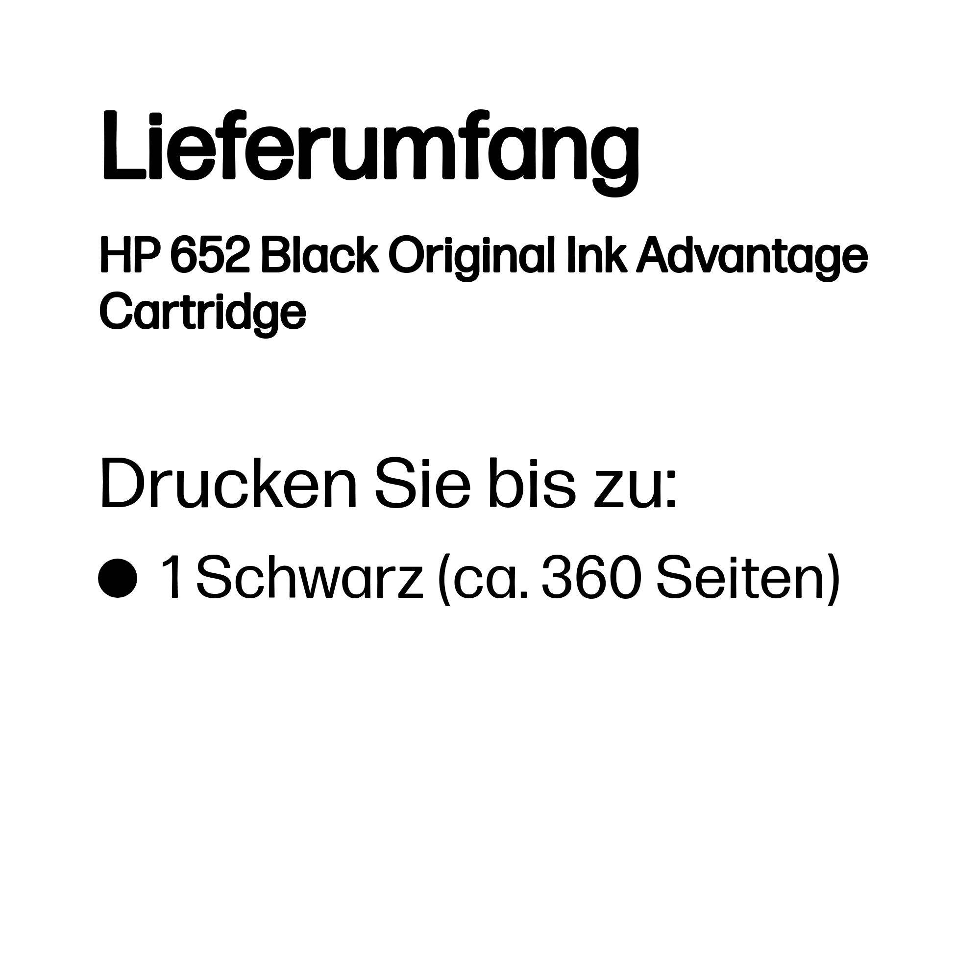 Deutscher HP 652 Schwarz Original Ink Advantage Patrone Verpackungstext mit Ergiebigkeit: bis zu 1 schwarze Patrone, etwa 360 Seiten.