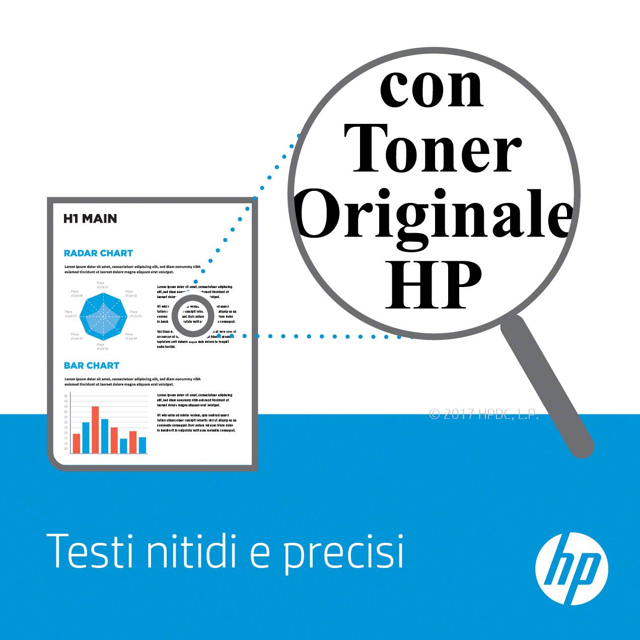 HP-Anzeige mit einer Lupe, die auf Text 'con Toner Originale HP' vergrößert wird, wobei klare, präzise Drucke hervorgehoben werden; Beispieldiagramme auf einer Seite und der Ausdruck 'Scharfe und präzise Tests' darunter.