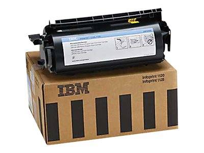Eine Druckertoner-Patrone ruht auf einer IBM-gekennzeichneten Schachtel, beschriftet für die Modelle „Infoprint 1120