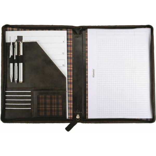 Schreibmappe A4 mit Karo-Futter Leder braun