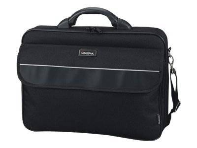 Schwarze Lightpak-Laptop-Aktentasche mit Griffgriff oben, Frontklapptasche und Schultergurt auf weißem Hintergrund