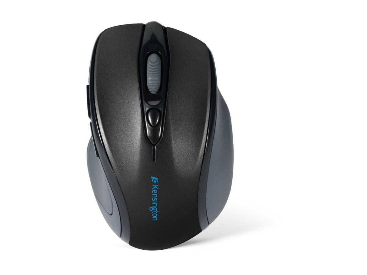 Schwarze Kensington kabellose Computermaus von oben auf weißem Hintergrund dargestellt.
