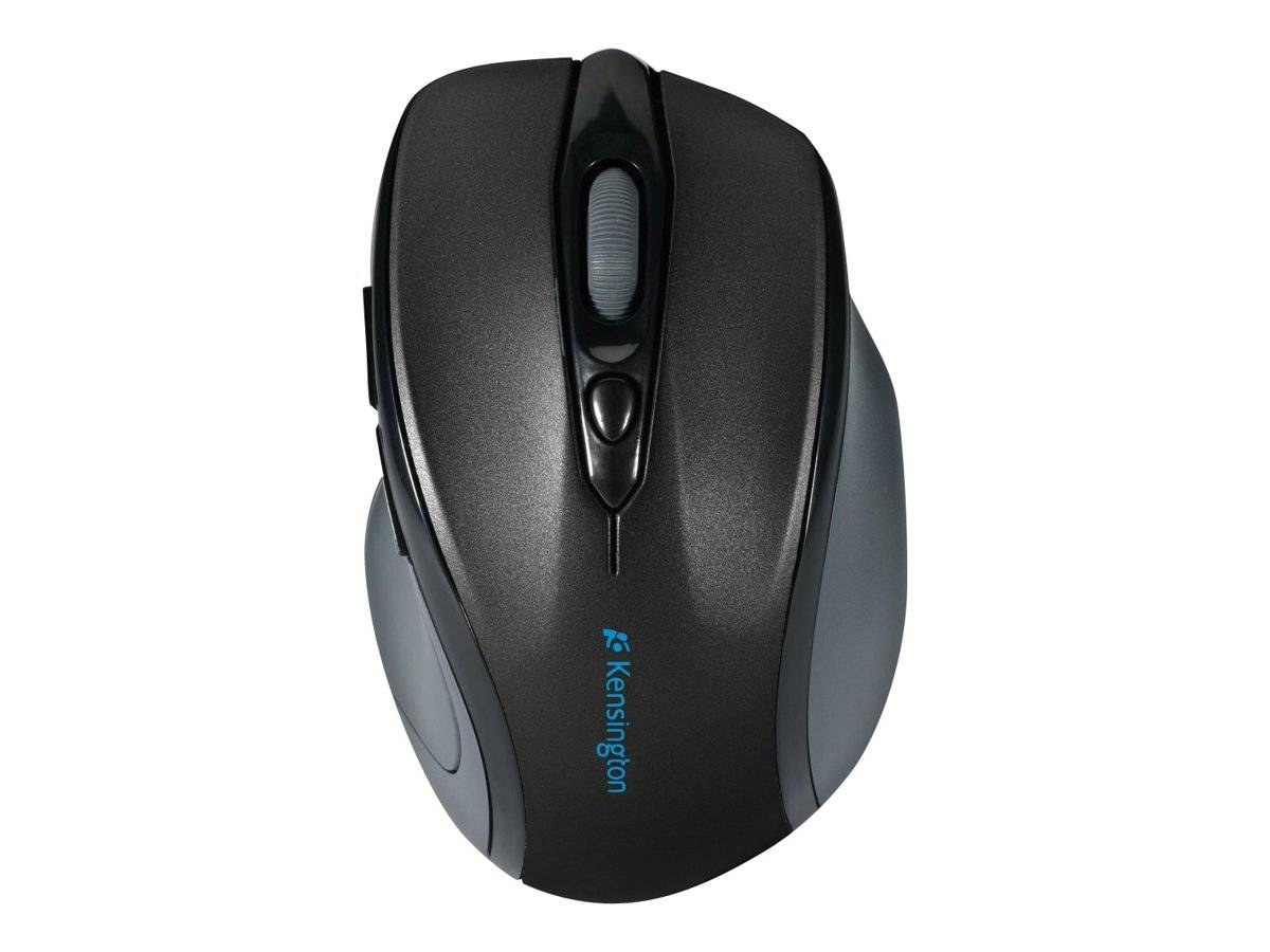 Schwarze kabellose Kensington-Computermaus von oben auf weißem Hintergrund dargestellt.