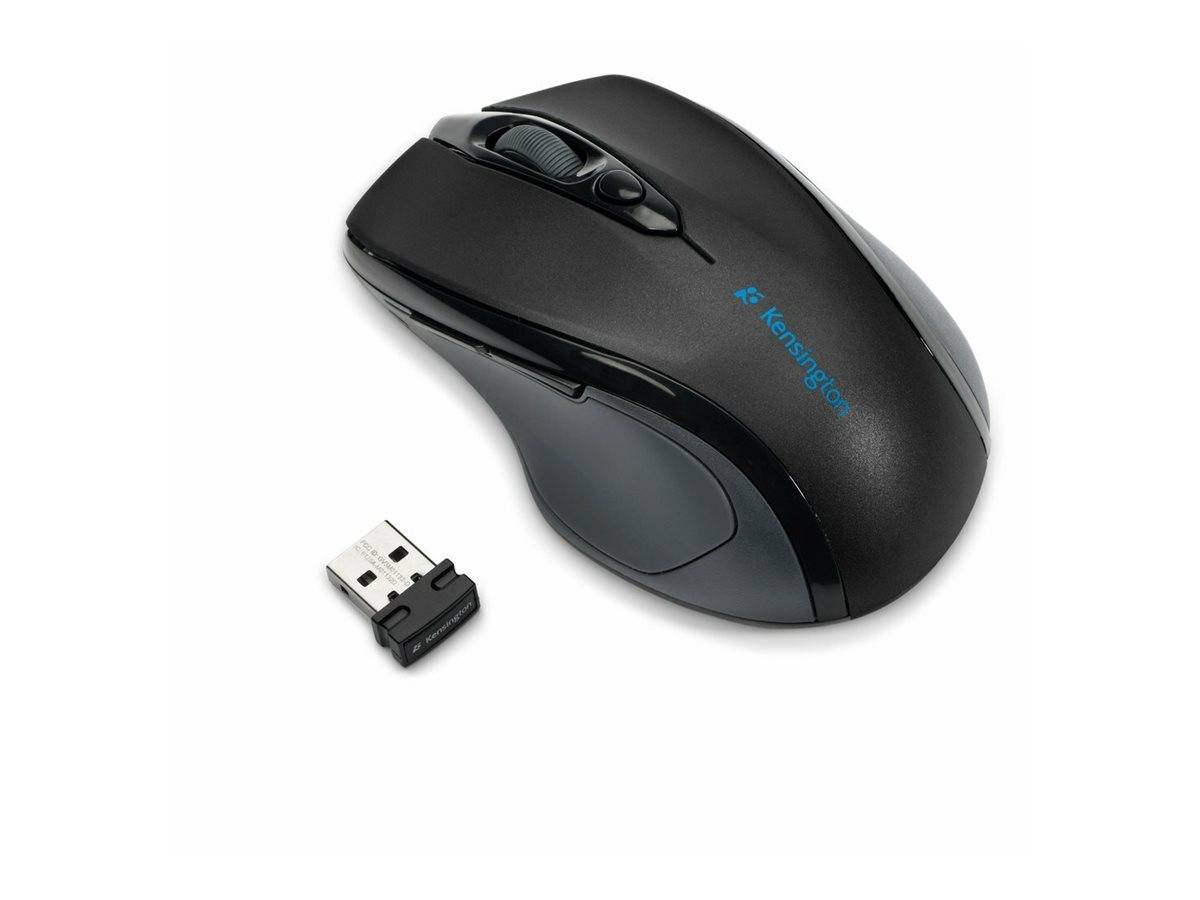 Schwarze kabellose Computermaus mit USB-Empfängerstecker auf weißem Hintergrund.