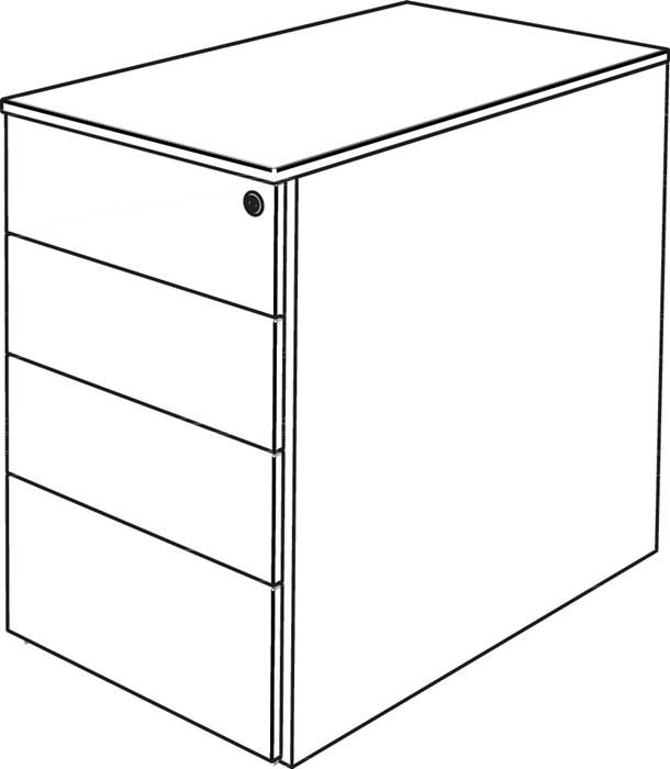 Strichzeichnung eines dreigliedrigen Schranks oder einer Archivierungsanlage in Perspektive, mit einer ebenen Oberseite und einem Seitenpaneel.