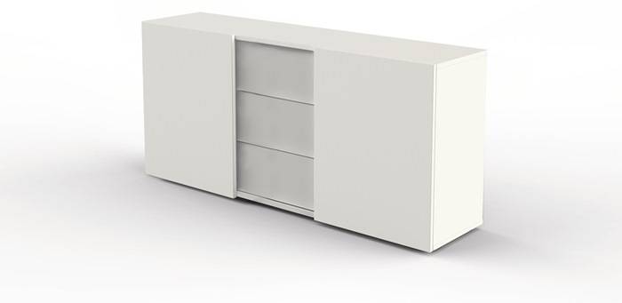 Weißes modernes Sideboard-Schrank mit zwei Schiebetüren und drei offenen Regalen in der Mitte, auf einfachem Hintergrund dargestellt.