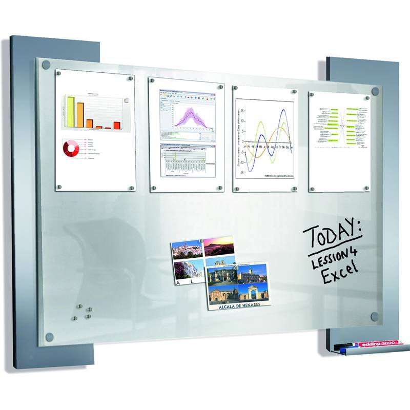 Glasoffice-Whiteboard mit vier angehefteten Diagrammblättern, Reisefotos und handgeschriebener Notiz 