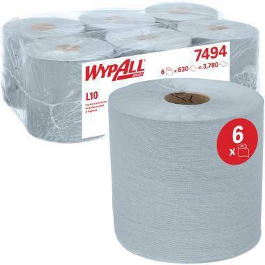 Packung mit sechs WypAll L10 Papiertuchrollen, in Kunststoff verpackt und mit der Nummer 7494 gekennzeichnet, mit einer großen Rolle im Vordergrund.