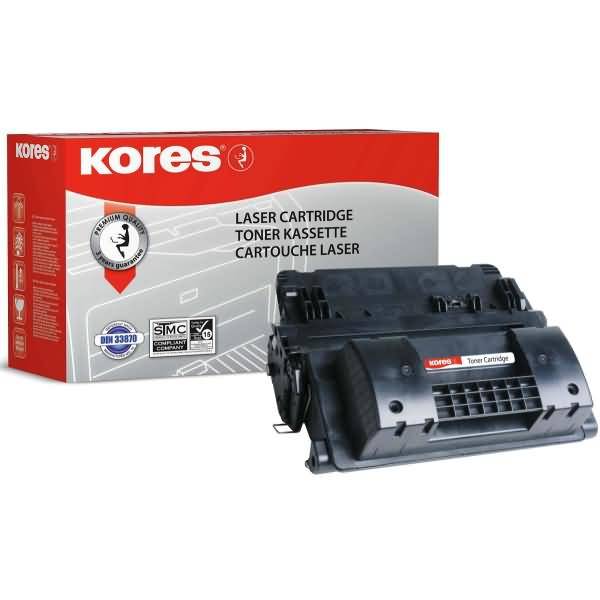 Kores Laser-Tonerpatrone neben roter Kores-Produktbox mit der Beschriftung „Laser Cartridge Toner Kassette Cartouche Laser