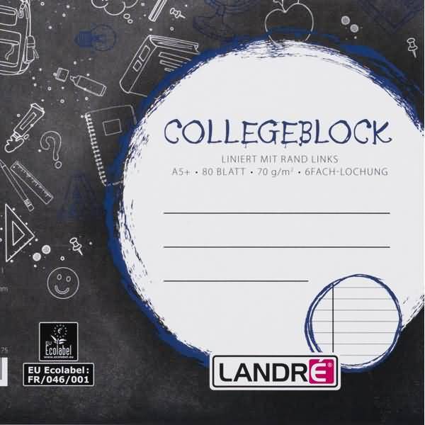 Collegeblock College A5+ 80 Blatt 70 g/qm 6-fach gelocht liniert