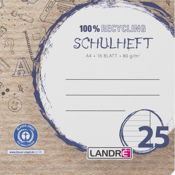 Schulheft Recycling A4 16 Blatt 80 g/qm Lineatur 25 liniert mit Rand