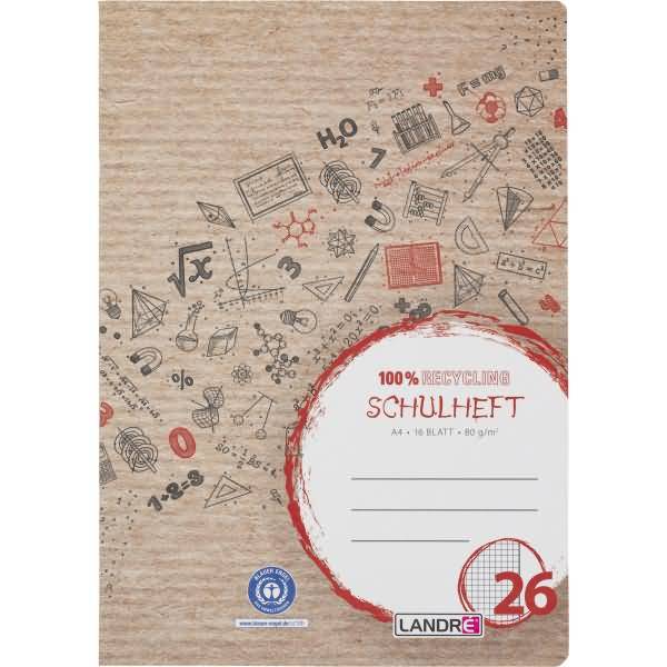 Schulheft Recycling A4 16 Blatt 80 g/qm Lineatur 26 kariert mit Rand