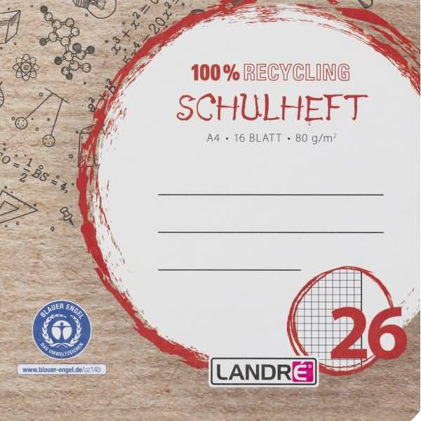 Schulheft Recycling A4 16 Blatt 80 g/qm Lineatur 26 kariert mit Rand