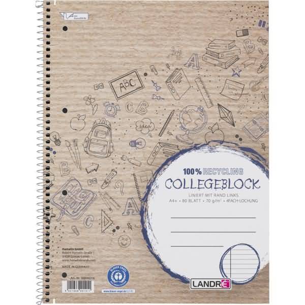 Collegeblock Recycling A4+ 80 Blatt 70 g/qm 4-fach gelocht liniert