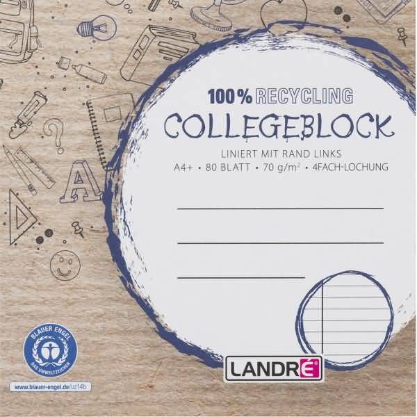 Collegeblock Recycling A4+ 80 Blatt 70 g/qm 4-fach gelocht liniert
