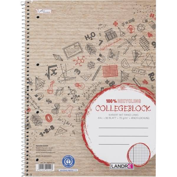 Collegeblock Recycling A4+ 80 Blatt 70 g/qm 4-fach gelocht kariert