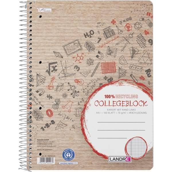 Collegeblock Recycling A4+ 160 Blatt 70 g/qm 4-fach gelocht kariert