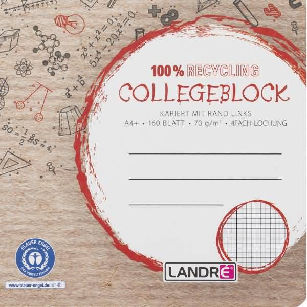 Collegeblock Recycling A4+ 160 Blatt 70 g/qm 4-fach gelocht kariert