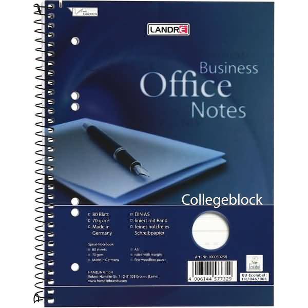 Collegeblock Office A5+ 80 Blatt 70 g/qm 6-fach gelocht liniert