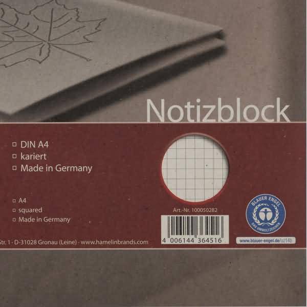 Notizblock Recycling mit Deckblatt A4 50 Blatt 60 g/qm kariert