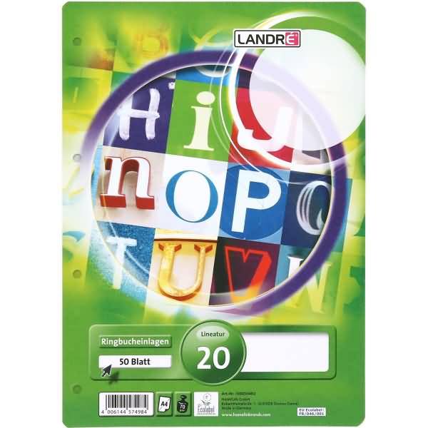 Ringbucheinlagen A4 50 Blatt 70 g/qm 4-fach gelocht Lineatur 20