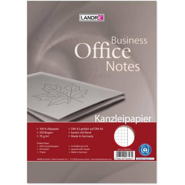 Kanzleipapier Recycling A3/A4 70 g/qm kariert mit weißem Rand VE=250 Bogen