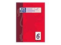 Rotes Notizbuch oder Heftumschlag mit kleinem Logo oben und der Nummer 6 am unteren Ende gedruckt.