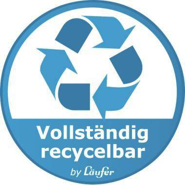 Blaues Recycling-Symbol in einem Kreis mit deutschem Text 