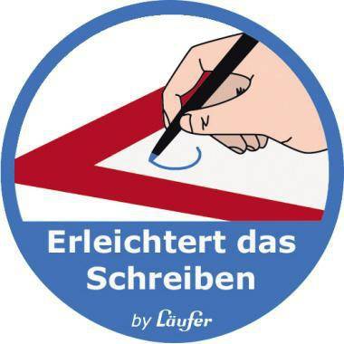 Hand hält einen Stift und schreibt auf Papier, mit deutschem Text „Erleichtert das Schreiben
