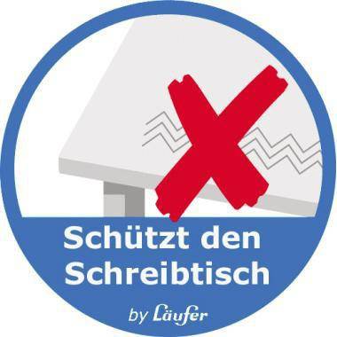 Kreisförmiges Etikett mit einem roten X über einer Schreibtischoberfläche, mit deutschem Text „Schützt den Schreibtisch