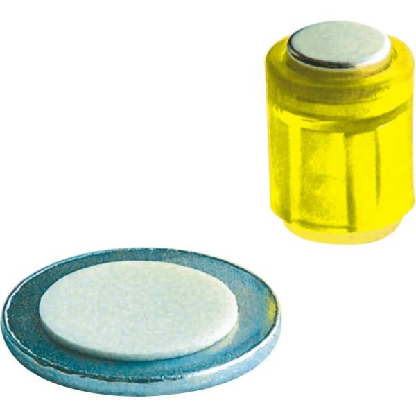 Magnet Zylinder 14x9mm mit selbstklebender Metallscheibe bis 1900g VE=4 Stück kristallgelb